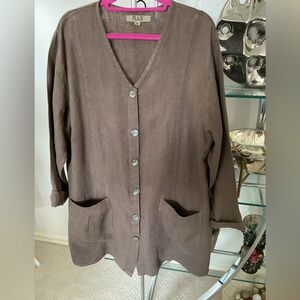 Flax Women's Chocolate Button-Down Shirt jacket with pockets and tucking detail.